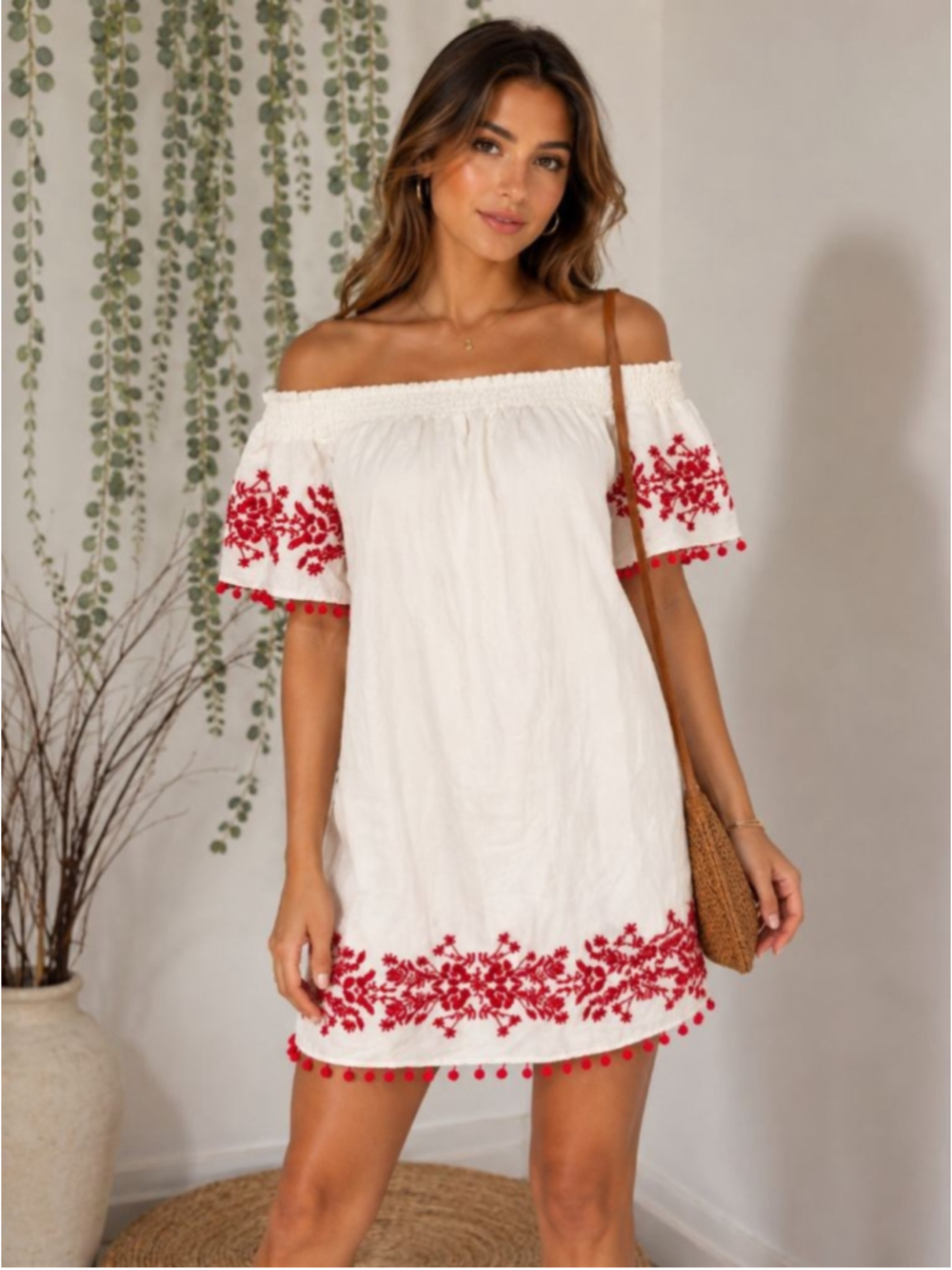 Forever 21 White Red Embroidered Off Shoulder Boho Dress Pom Pom Trim Size Small